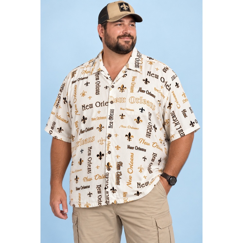 David Carey Originals New Orleans Fleur-de-lis Print Shirt Mens 3X Cream Gold